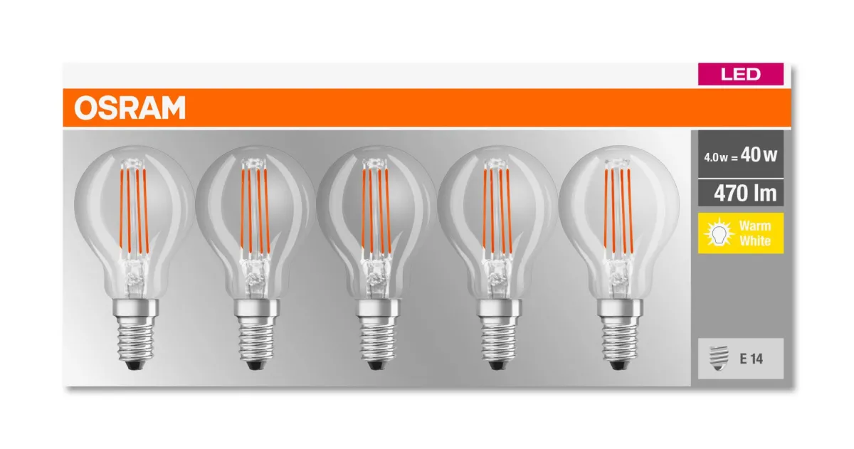 SET 5 becuri LED Osram, soclu E14, putere 4W, forma clasic, lumina alb calda, alimentare 220 - 240 V, "000004058075090668" (timbru verde 2.25 lei)