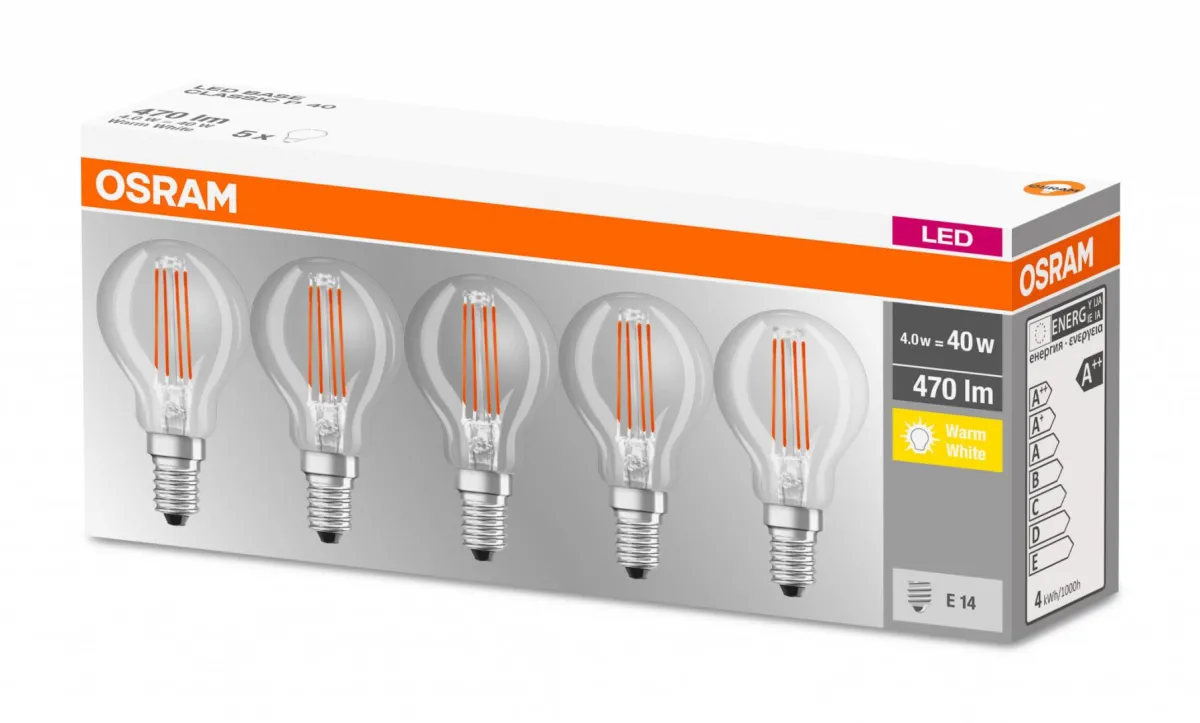 SET 5 becuri LED Osram, soclu E14, putere 4W, forma clasic, lumina alb calda, alimentare 220 - 240 V, "000004058075090668" (timbru verde 2.25 lei) - imagine 2