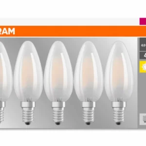 SET 5 becuri LED Osram, soclu E14, putere 4W, forma lumanare, lumina alb calda, alimentare 220 - 240 V, "000004058075090682" (timbru verde 2.25 lei)