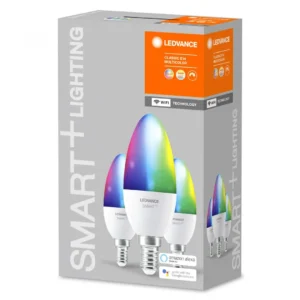 SET 3 becuri smart LED Osram, soclu E27, putere 5W, forma lumanare, lumina multicolora, alimentare 220 - 240 V, "000004058075485938" (timbru verde 1.35 lei)