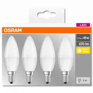 SET 4 becuri LED Osram, soclu E14, putere 5.7W, forma lumanare, lumina alb calda, alimentare 220 - 240 V, "000004058075819474" (timbru verde 1.80 lei)