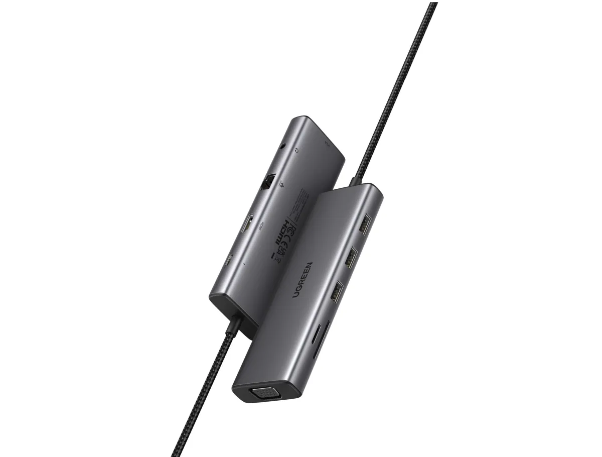DOCKING Station Ugreen, "CM498" conec PC USB Type-C, HDMI(4K@30Hz), VGA, 3xUSB-A3.0, Gigabit RJ45, card reader SD/TF, jack 3.5mm, PD(100W), aluminiu, gri "15601" (timbru verde 0.8 lei)