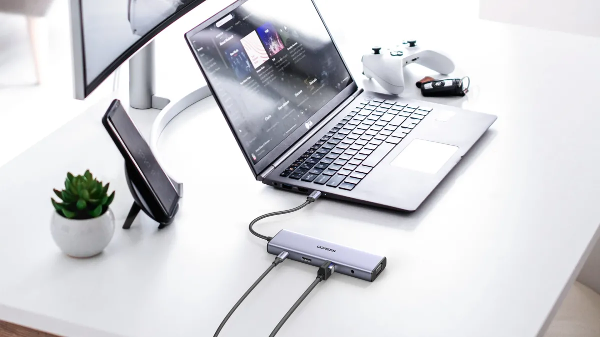 DOCKING Station Ugreen, "CM498" conec PC USB Type-C, HDMI(4K@30Hz), VGA, 3xUSB-A3.0, Gigabit RJ45, card reader SD/TF, jack 3.5mm, PD(100W), aluminiu, gri "15601" (timbru verde 0.8 lei) - imagine 2