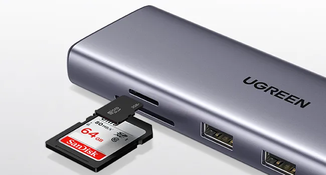 DOCKING Station Ugreen, "CM498" conec PC USB Type-C, HDMI(4K@30Hz), VGA, 3xUSB-A3.0, Gigabit RJ45, card reader SD/TF, jack 3.5mm, PD(100W), aluminiu, gri "15601" (timbru verde 0.8 lei) - imagine 5