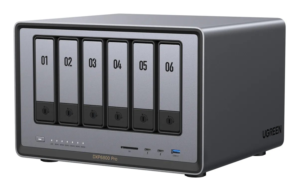 NAS Ugreen "DXP6800Pro", CPU i5 4.40 GHz, RAM DDR5 8Gb max 64Gb, SATA 24Tx6 si M.2 8Tx2, LAN 10Gbx2, 2xThunderbolt4, 2xUSB3, HDMI 2.1 8K, card reader, "25899B" (timbru verde 7 lei) - 6941876267514