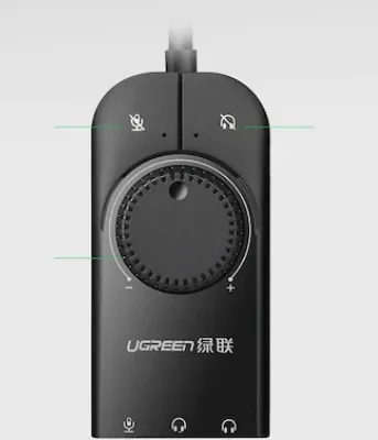PLACA de sunet Ugreen, "CM129" convertor stereo USB(T) la 2xJack 3.5" sound si 1x3.5" mic, ctr vol si buton mute sound si mic, cablu 15 cm, negru "40964" (timbru verde 0.08 lei) - 6957303849642 - imagine 2