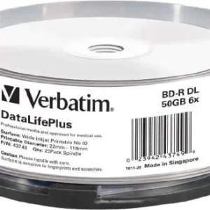 BD-R VERBATIM  50GB, viteza 6x, 25 buc, Double Layer, spindle, printabil, "Wide Inkjet Printable" "43749"