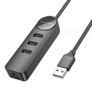 HUB extern Borofone "DH6", porturi USB: USB 2.0 x 3, RJ-45 x 1, conectare prin USB 2.0, lungime 120cm, negru "6941991104275" (timbru verde 0.8 lei)
