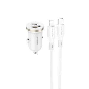 INCARCATOR auto Borofone "BZ22", pt. bricheta auto, 1 x USB max.18W, 1 x USB Type-C max 30W, putere totala 30W, include cablu USB Type-C la Iphone Lightning de 1m, alb "6941991105210" (timbru verde 0.18 lei)