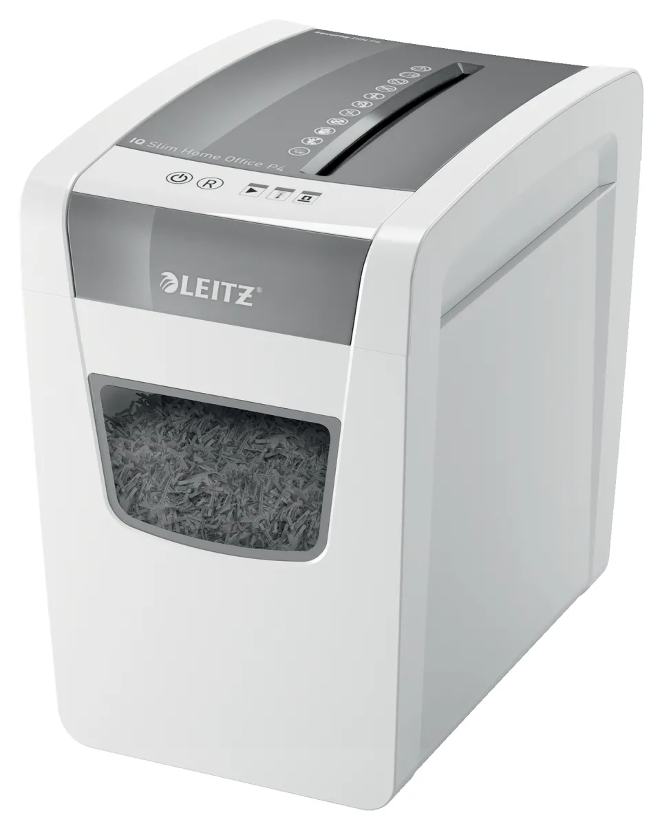 Distrugator manual documente Leitz IQ Home Office Slim, 10 coli, P4, cross-cut (tip confeti), cos 23 coli, alb, Leitz "80010000" (timbru verde 11 lei)