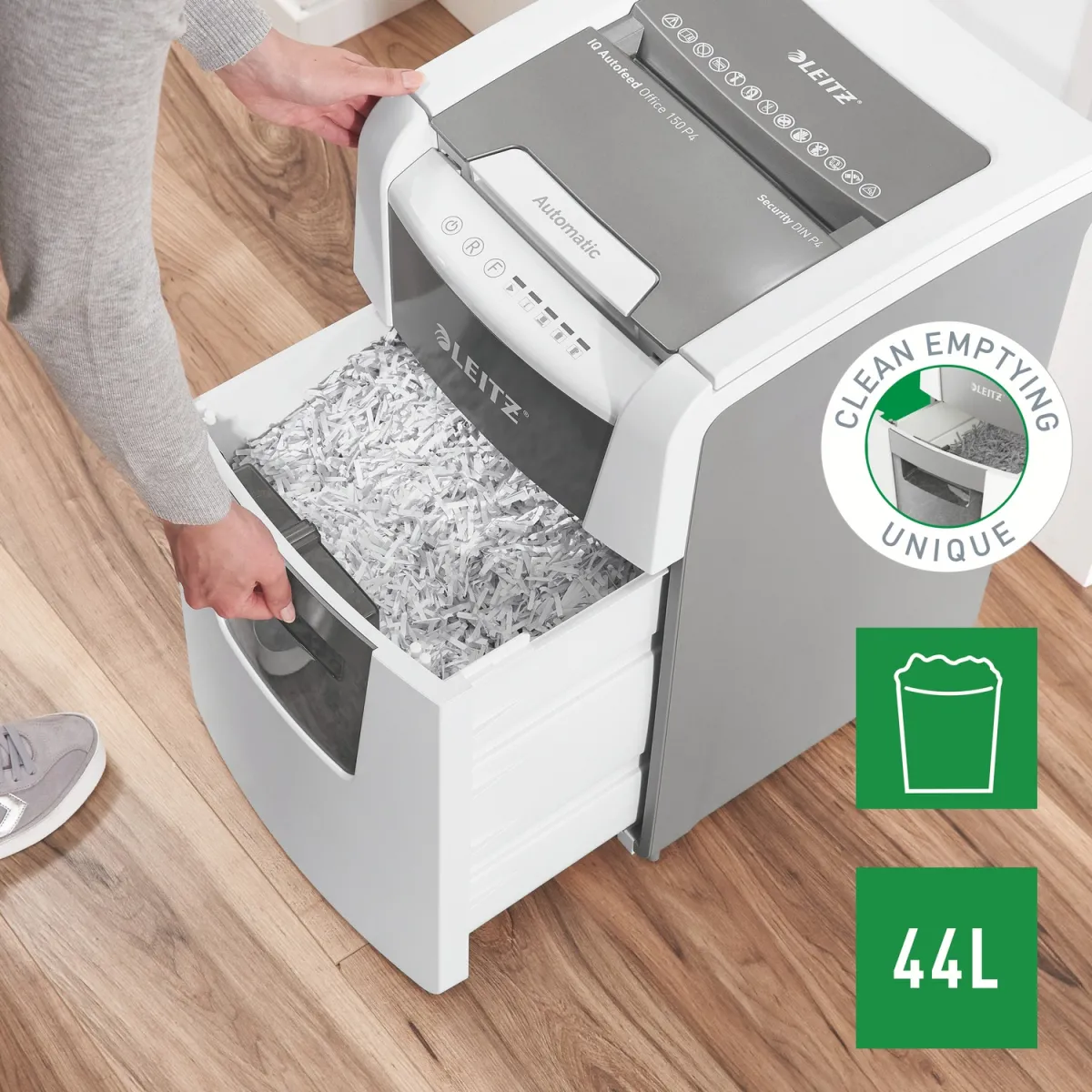 Distrugator automat documente Leitz IQ Office , 150 coli, P4, cross-cut (tip confeti), cos 44 litri, alb-gri, Leitz "80130000" (timbru verde 40 lei) - imagine 5