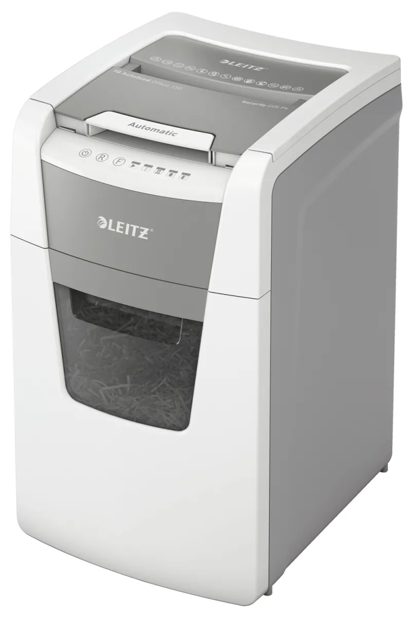 Distrugator automat documente Leitz IQ Office , 150 coli, P4, cross-cut (tip confeti), cos 44 litri, alb-gri, Leitz "80130000" (timbru verde 40 lei)