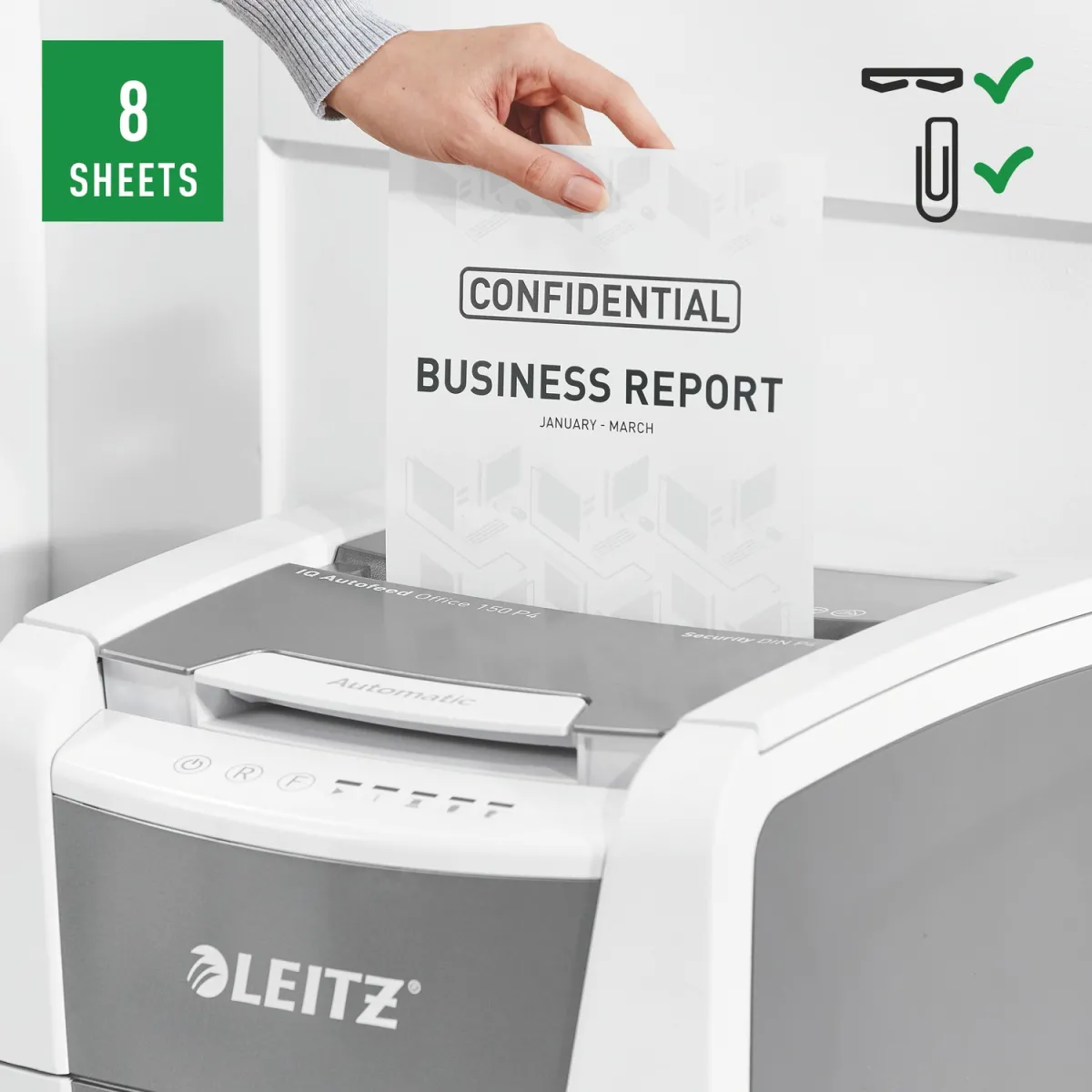 Distrugator automat documente Leitz IQ Office , 150 coli, P4, cross-cut (tip confeti), cos 44 litri, alb-gri, Leitz "80130000" (timbru verde 40 lei) - imagine 4