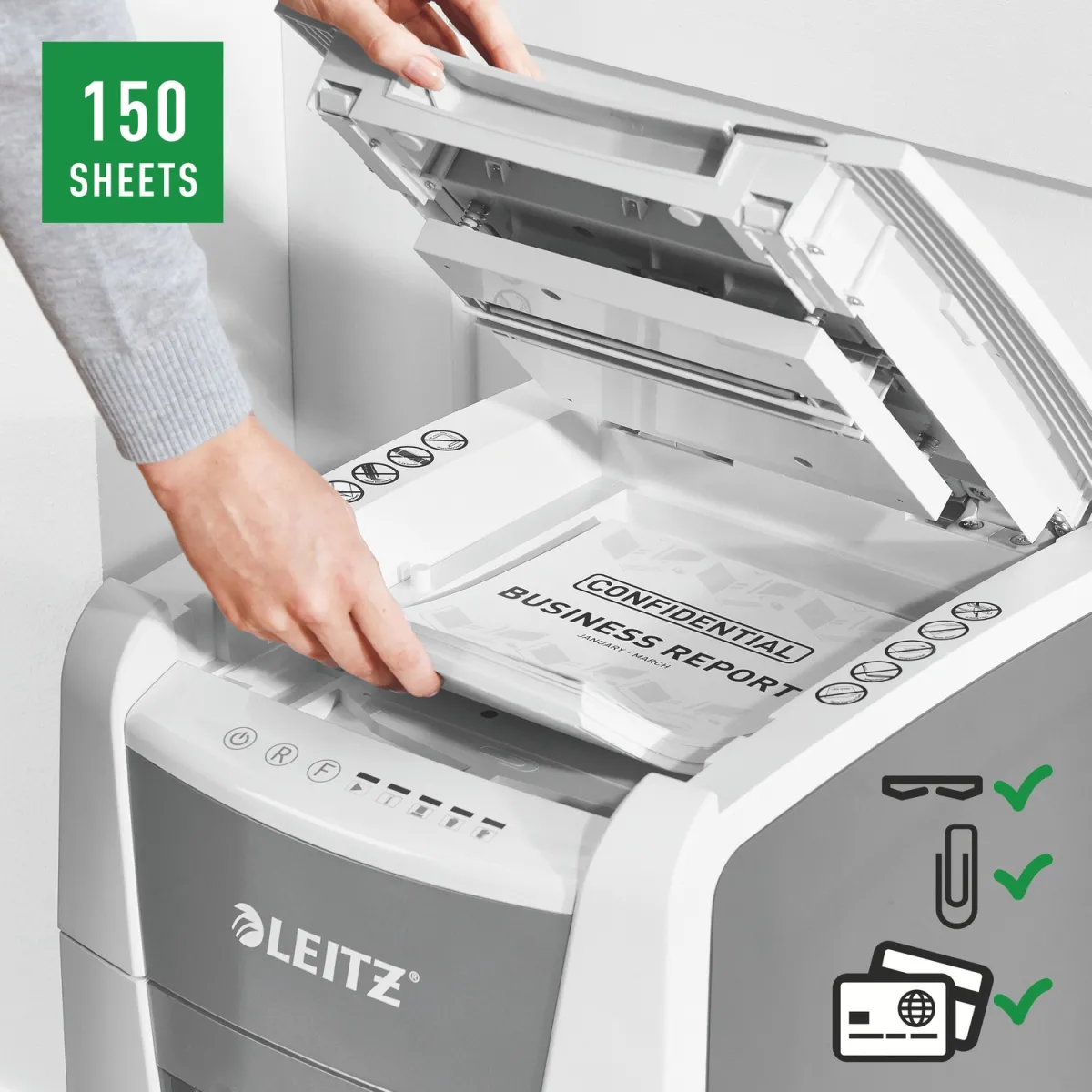 Distrugator automat documente Leitz IQ Office , 150 coli, P4, cross-cut (tip confeti), cos 44 litri, alb-gri, Leitz "80130000" (timbru verde 40 lei) - imagine 3