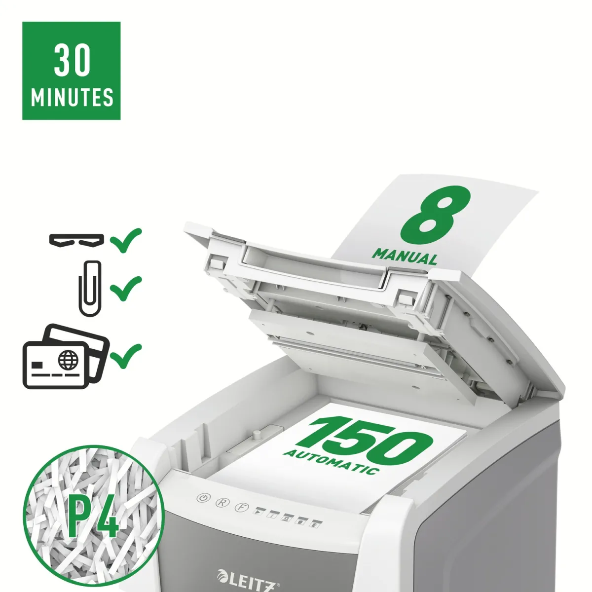 Distrugator automat documente Leitz IQ Office , 150 coli, P4, cross-cut (tip confeti), cos 44 litri, alb-gri, Leitz "80130000" (timbru verde 40 lei) - imagine 2