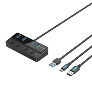 HUB USB Vention, 5-in-1, USB 3.0 x 4 porturi, incarcare prin USB Type-C, viteza 5 Gbps, cablu 1m, conectare prin USB 3.0, intrerupatoare individuale, negru, "CHWBF" (timbru verde 0.18 lei - 6922794774445