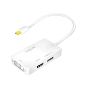 CABLU video LOGILINK, adaptor mini DisplayPort (T) 1.2 la HDMI (M) + DVI (M) + DisplayPort (M), 0.15m, rezolutie maxima 4K UHD (3840 x 2160) la 60 Hz, conectori auriti, plastic, triplu ecranaj, alb, "CV0045A" (timbru verde 0.18 lei)