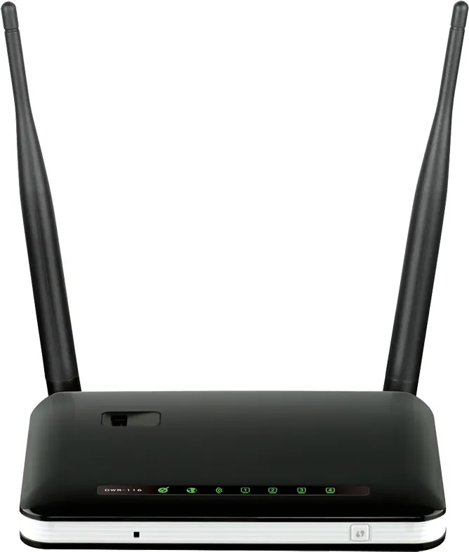 ROUTER D-LINK wireless. 4G LTE (desktop), 300Mbps, 4 porturi 10/100Mbps + 1 WAN, 2 antene externe, N300, compatibil modem 3G/4G LTE, "DWR-116" (timbru verde 0.8 lei)