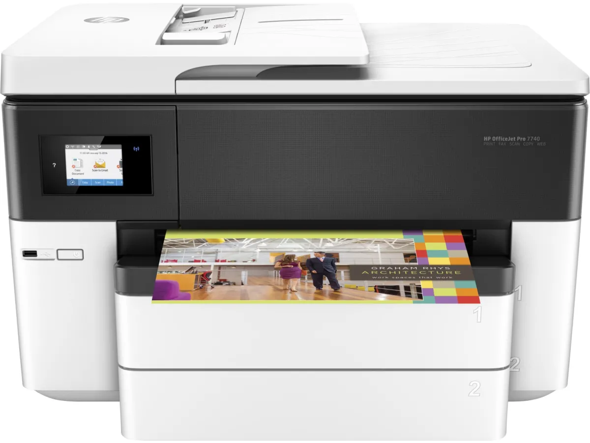 Multifunctional Inkjet Color HP OfficeJet 7740 AIO,A3+,Functii:Impr|Scan|Cop|Fax,Viteza Print Mono:22ppm,Viteza Print color:18ppm,Conectiv:USB|Ret|WiFi,Duplex:Da,ADF:ADF(timbru verde 40 lei) "G5J38A"