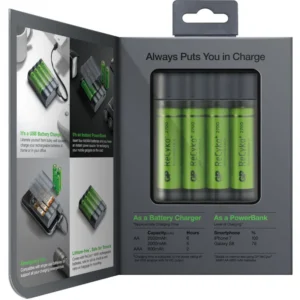 Incarcator GP Batteries, Recyko compatibil NiMH (AA/AAA), include 4 x 2700 mAh AA (R6), functie powerbank, incarcare USB, 6 LED-uri, "GPX411270AAHCE-2EAB4" "GPACCX411004" (timbru verde 0.8 lei)