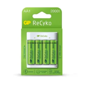 Incarcator GP Batteries, Recyko compatibil NiMH (AA/AAA), include 4 x 2100 mAh AA (R6), incarcare USB, 2 LED-uri indicare incarcare, "GPE411210AAHC-2B4" "GPACSE411001" (timbru verde 0.8 lei)