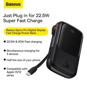 POWER BANK Baseus Qpow Pro Digital Display, 10000mAh, 22.5W, 1 x cablu integrat USB Type-C output/input, 1 x USB, 1 x Lightning, negru, "PPQD020101" (timbru verde 0.98 lei) - 6932172608484