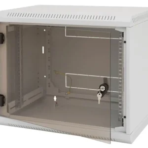 TRITON RACK de PERETE sectiune simpla 12U 600mm adancime usa sticla panouri laterale fixe sectiuni, sectiuni acces cabluri sus/jos/spate securizare cu cheie, 1 pereche montanti reglabili IP30 gri "RBA-12-AS6-CAX-A1"