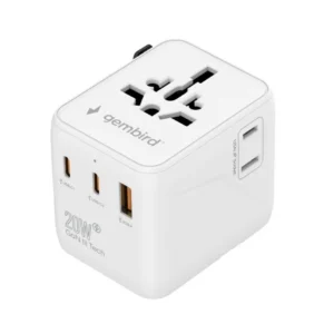 ADAPTOR GEMBIRD, universal, conectori: US/UK/EU/AU, 2x USB Type-C PD 20W, 1x USB-A QC 18W, siguranta 10A, max. 2500W, alb, "TPA-1A2C20-01-W" (timbru verde 0.18 lei)