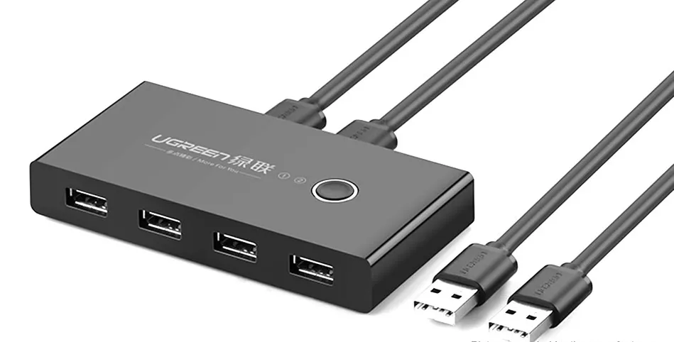 HUB extern Ugreen, "US216" porturi USB: USB 2.0 x 4,conectare prin 2 x USB,partajare date 2 pc-uri simultan,buton comutare PC, lungime 1.5 m, LED, negru "30767" (timbru verde 0.8 lei) - 6957303837670