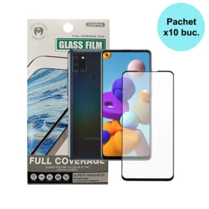 FOLIE STICLA  Spacer pentru Samsung Galaxy A21S contine 10 bucati, grosime 0.3mm, acoperire totala ecran, strat special anti-ulei si anti-amprenta, Tempered Glass, sticla 9D, duritate 9H "SPPG-SM-GX-A21S-TG-10"